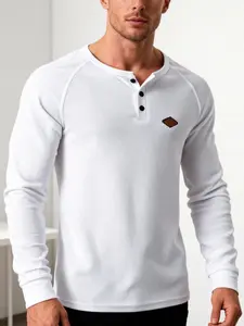 Men's Waffle Knit Henry Shirt, Fitted Long Sleeve Casual Business Button-Up, Soft Breathable Texture Tee for Daily Wear & Office Style Henley