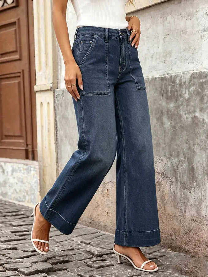 Women's Casual Loose-Fit Denim Jeans  Women High Waist Patch Pocket Wide Leg Jeans Cuffed Roll Hem Dark Vintage Wash Loose Straight Stretch Utility Denim Pants Casual Streetwear Trousers