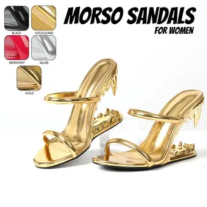 Womens Morso Sandals Summer Sandal Open Round Toe Wedges Metallic Shark Teeth Heeled Easy Slip on Double Strap Mules Tiger Teeth Heels Hollow-Shaped Elegant Slides Gifts for Her Work Casual Date Party Wedding Dressy Shoes
