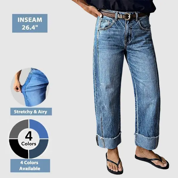 Flamingals Wash Seam Front Roll Raw Hem Mid Rise Straight Leg Jeans Womenswear Stretchy 26.8" Inseam Summer Vibes