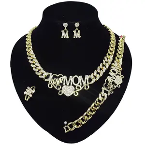 HUGS & KISSES Mom's 92 Gold-Plated Cuban Link Jewelry Set with Earrings, Fashion Costume Gold Jewelry Set