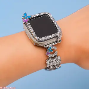 Full Paved 26 Letter Rhinestone Watch Band, Luxury Chanel Style Bracelet Strap Compatible with Apple Watch Series 8 9 SE for Daily Wear Dating and Elegant Styling (No watch)