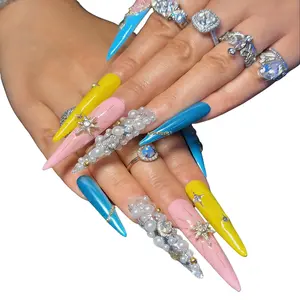 Luxury Black Long Press On Nails, Handmade 5.5mm Stiletto Nails with Butterfly Gem Rhinestones, Reusable Glamor Personalized Fake Nails for All Occasions