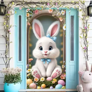 Easter Bunny Door Cover Banner, Floral Egg Decoration, Durable Polyester, Indoor Outdoor Use, Party Carnival Decor, Decorative Banner, No Power Needed