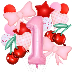 15-Piece Cherry Balloon Set with Number 1 Foil, Pink Bow & Red Cherry Balloons for 1st Birthday