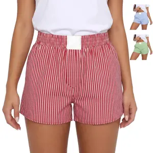 Harkapy Women Striped Casual Shorts Elastic High Waist Loose Fit A Line Summer Beach Loungewear Shorts Breathable Lightweight Daily Wear Shorts