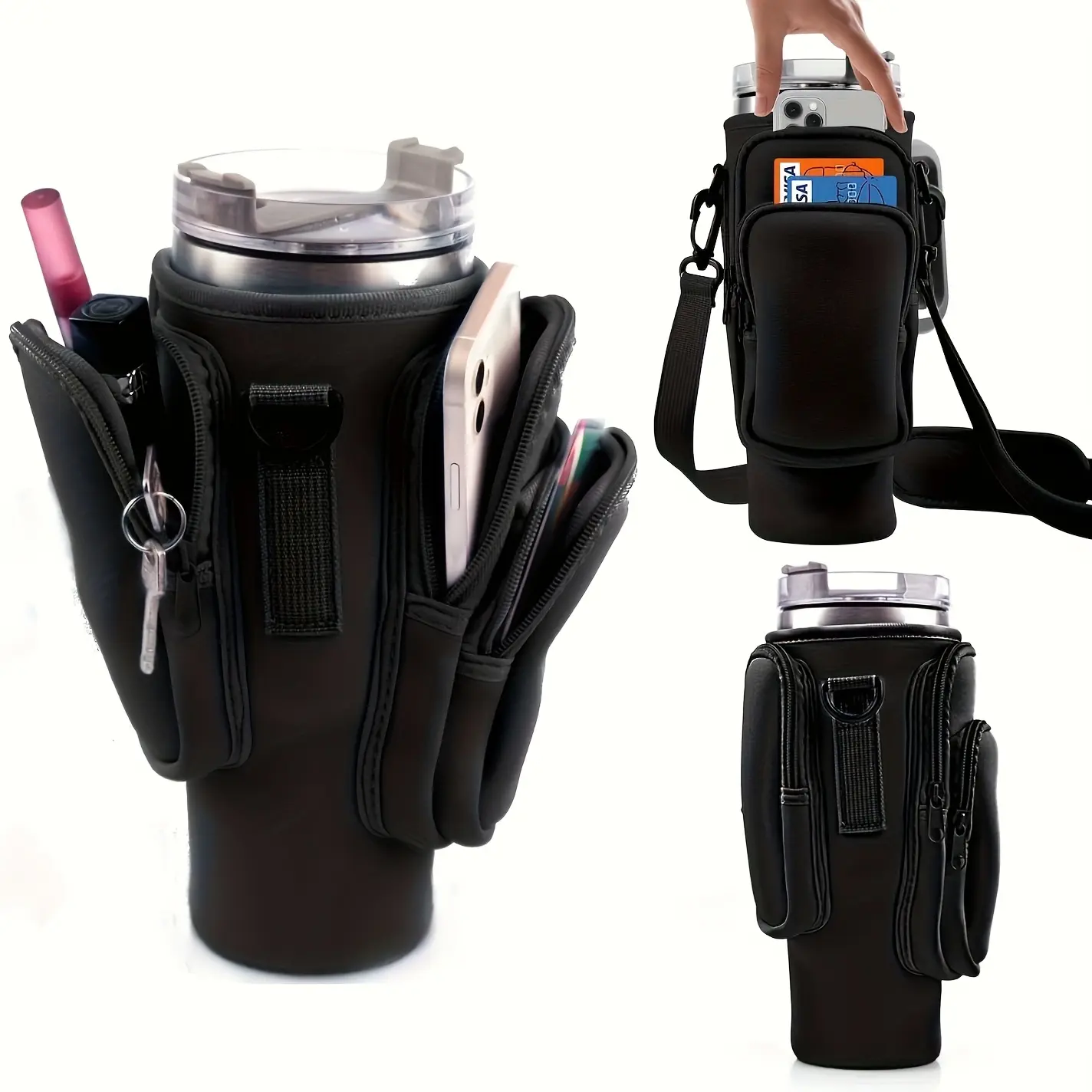 1pc Water Bottle Carrier Bag with Phone Pocket – Fits 30/40oz Tumbler, Neoprene Holder Pouch, 3 Pockets, Bottle Pouch, Cup Accessories