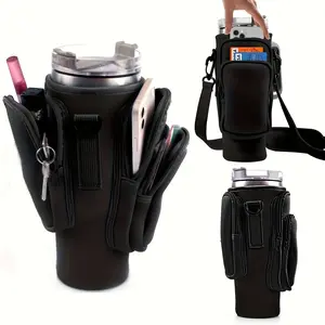 1pc Water Bottle Carrier Bag with Phone Pocket – Fits 30/40oz Tumbler, Neoprene Holder Pouch, 3 Pockets, Bottle Pouch, Cup Accessories