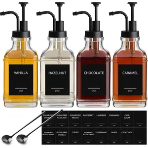 4 Pack 16.9 fl oz/500ml Glass Coffee Syrup Dispenser with Pump Labels Spoons for Coffee Bar Accessories