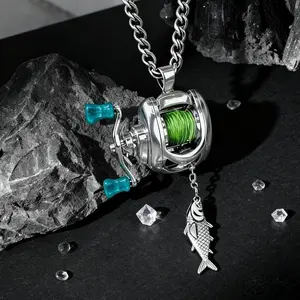 Rotating Mini Fishing Reel Necklace Real Moving Line Pendant for Anglers