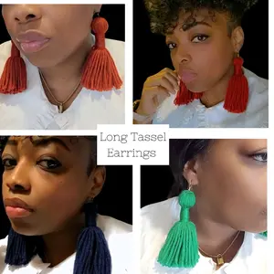 Elegant Long Tassel Earrings with Fish Hook Backing Available in Navy Blue Green Burnt Orange White Yellow Red Black Grey & Hot Pink Fashion Accessories for Women Girls