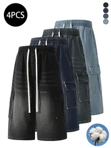 4-pack men’s summer jeans, loose cargo 7/8 denim pants, high cotton content, moisture-wicking and breathable to prevent sweating, retro street style versatile men’s pants