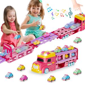 Durable Car Toys Unicorn Car for Age 2-7 Girls - Multifunction Foldable transport carrier Tyrannosaurus Truck & 2 Player Race Mode Game with Light & Sound Push Transport Carrier Truck Kids Christmas gifts Warmed up for holiday