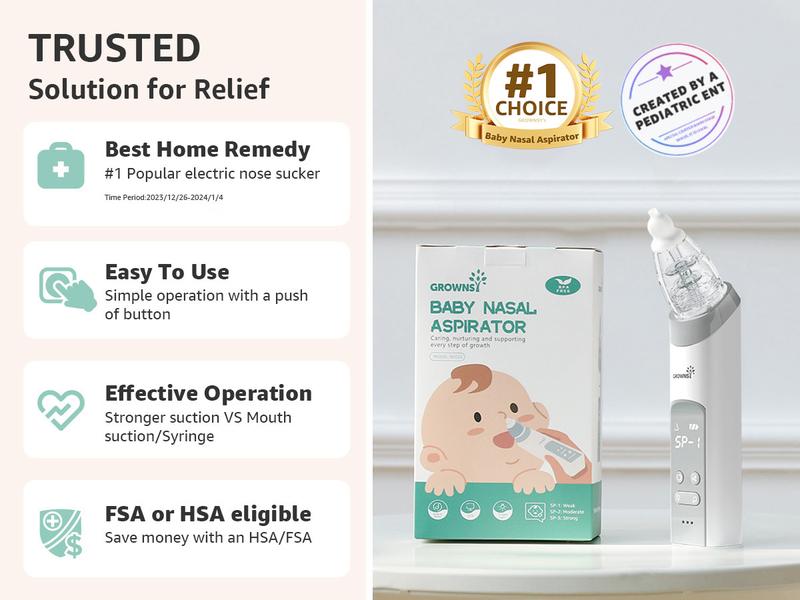 Grownsy Nasal Aspirator for Baby, Electric Nose Aspirator for Toddler, Baby Nose Sucker, Automatic Nose Cleaner with 3 Silicone Tips, Adjustable Suction Level, Music and Light Soothing Function