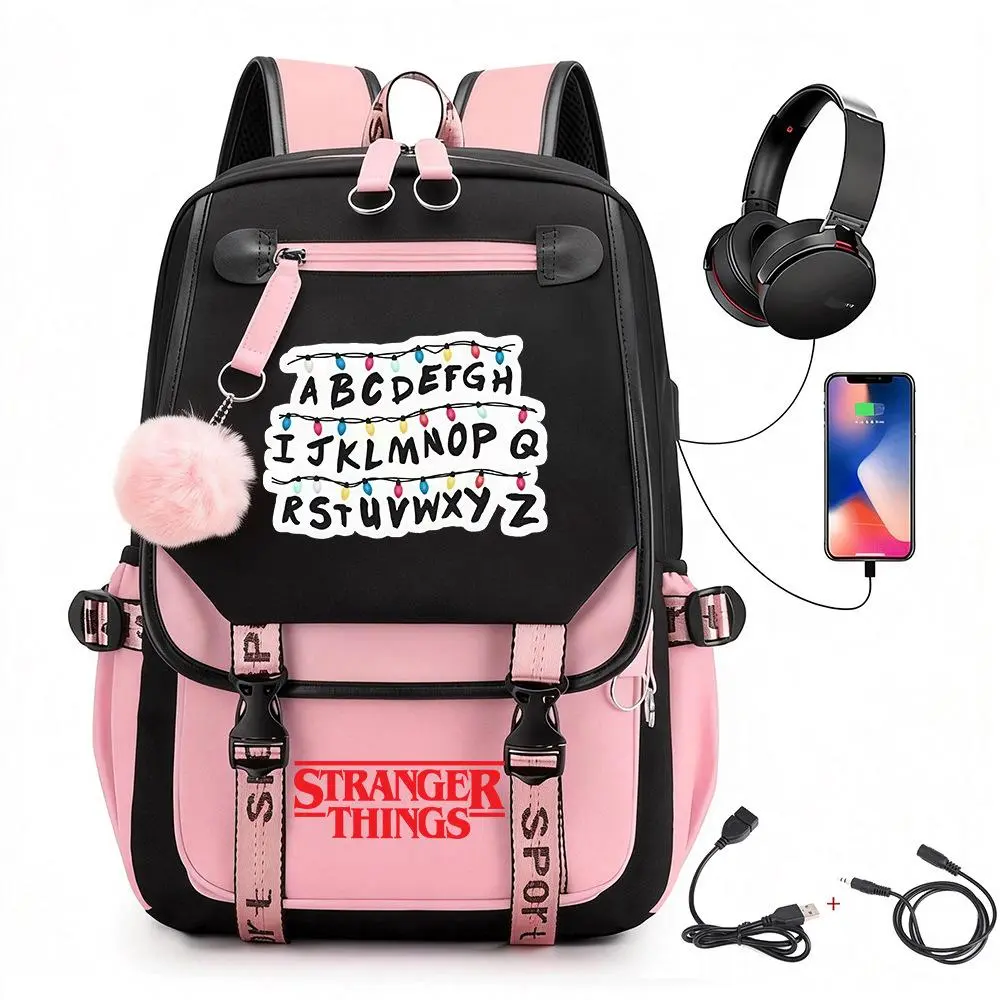 Stranger Things ABC Fairy Lights Backpack for Girls, School Bag with USB Charging & Earphone Port, Fluffy Pom Pom Casual Travel Rucksack