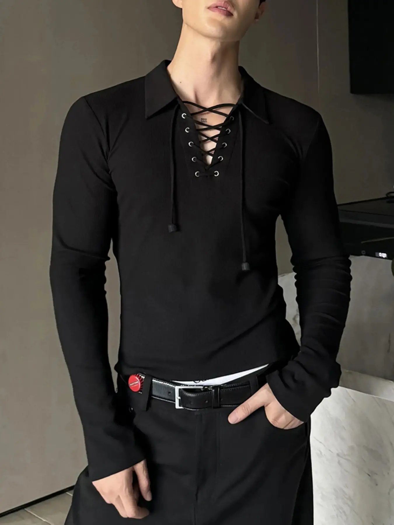 INCERUN Men's Fashion Basic Turn-Down Collar Eyelet Drawstring Textured Plain Long Sleeve T-Shirt Top, Stylish Casual Wear, Comfortable and Trendy Design