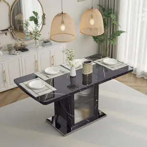 Modern Extendable Dining Table 47-63 Inch Rectangle Black Marble Print Top Storage Cabinet Metal Base Space Saving Kitchen Furniture Expandable Design Scratch Resistant Surface Easy Assembly Contemporary Home Decor Versatile Entertaining Solution