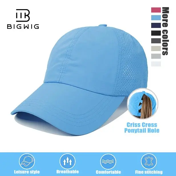 BIGWIG Women's Cross-Back Ponytail/High Bun Opening Baseball Cap - Hats for Women, Adults, Polyester Breathable Mesh Beach Hat, Quick-Drying, Anti-Slip Surface, Adjustable Buckle, One Size for Running, Hiking