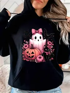Women's Gothic Hooded Sweatshirt - Black & Pink Gothic Pullover with Ghosts, Bats, Pumpkins & Floral Print, Cozy Fall Winter Sweater, Drawstring Hood & Pockets, Machine Washable Casual Sweater for Themed Events & Casual Attire Fabric Fleece
