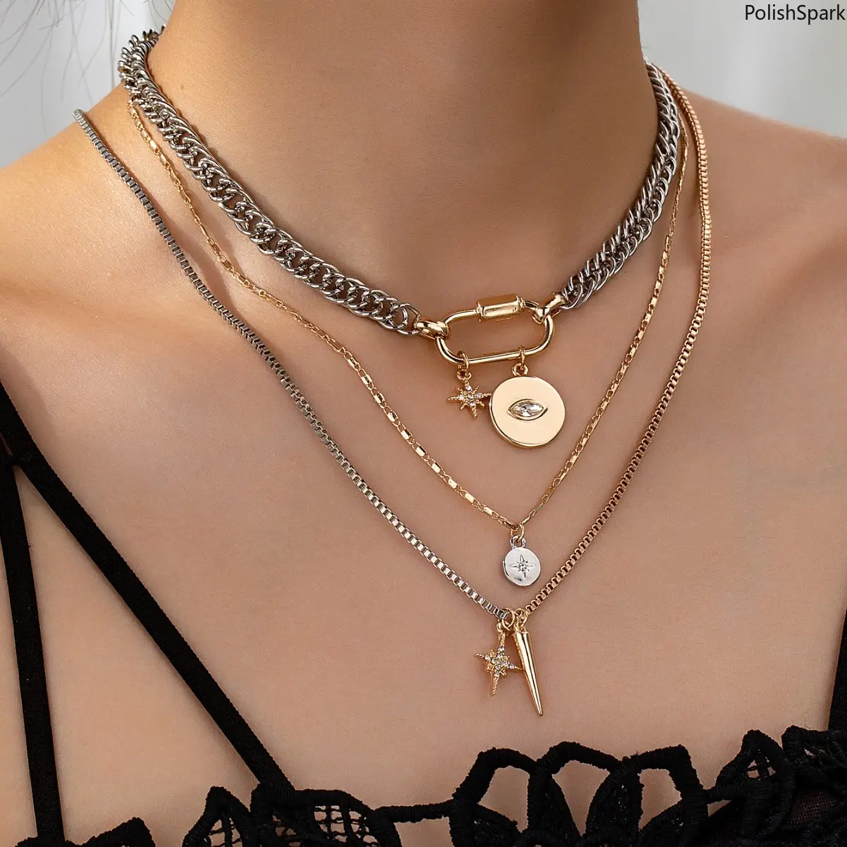Edgy Layered Carabiner Lock Necklace Set for Women – Mixed Metal Silver Cuban & Gold Link Chains | Evil Eye Coin, Starburst & Spike Dagger Pendant 3-Tier Choker,summerwins