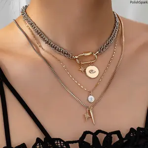 Edgy Layered Carabiner Lock Necklace Set for Women – Mixed Metal Silver Cuban & Gold Link Chains | Evil Eye Coin, Starburst & Spike Dagger Pendant 3-Tier Choker