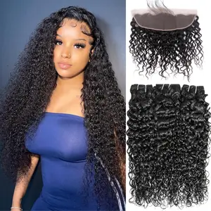 Human Hair Bundles Water Wave Bundles Human Hair With Frontal Closure (18 20 22 +16,Free Part) 12A Curly 3 Bundle With 13x4 HD Lace Frontal With Baby Hair 1B# Curly Wave Human Hair Extensions