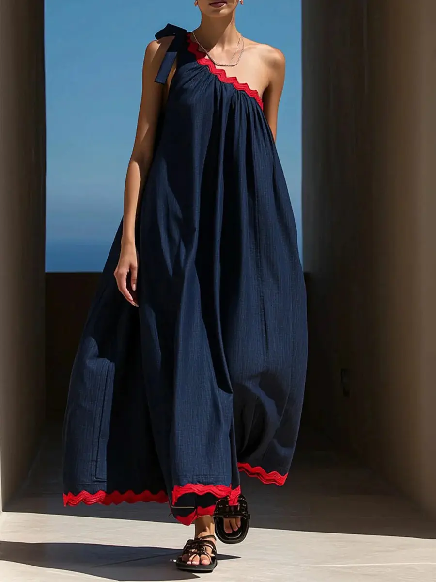 Richki Women's Summer Basic 1-Shoulder A-Line Loose Ruched Maxi Dress with Tie Straps, Pockets, and Sleeveless Minimalist Design