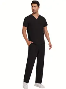 Summer Two-Piece Solid Color Scrub Set, Medical Scrubs - Short Sleeve with Pockets, Micro Elastic Polyester Fabric, Drawstring Pants - Medical & Health Care Uniform for Men, Casual Wear Black
