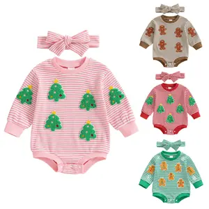 Newborn Baby Girl Christmas Outfit Xmas Tree Gingerbread Man Embroidery Stripes Waffle Knit Sweatshirt Romper Bodysuit