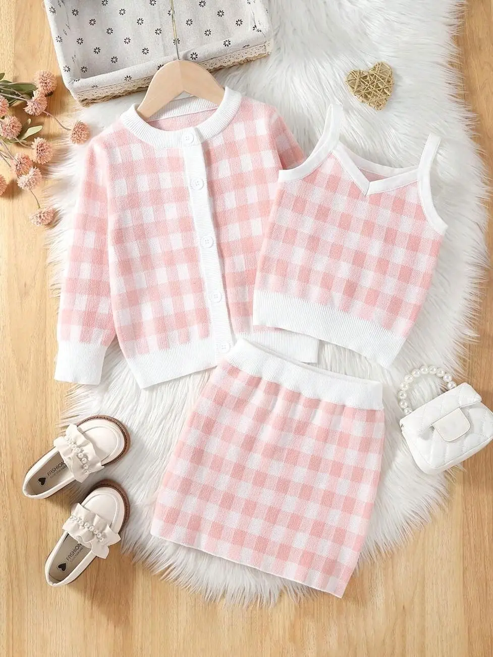 Kids clothing girls - Girls Gingham Cardigan and Knit Skirt 3-Piece Set, Trendy Fall Casual School Outfit girls clothes for kids clean girl clothes cute college girl clothes girly clothing trendy tops for school