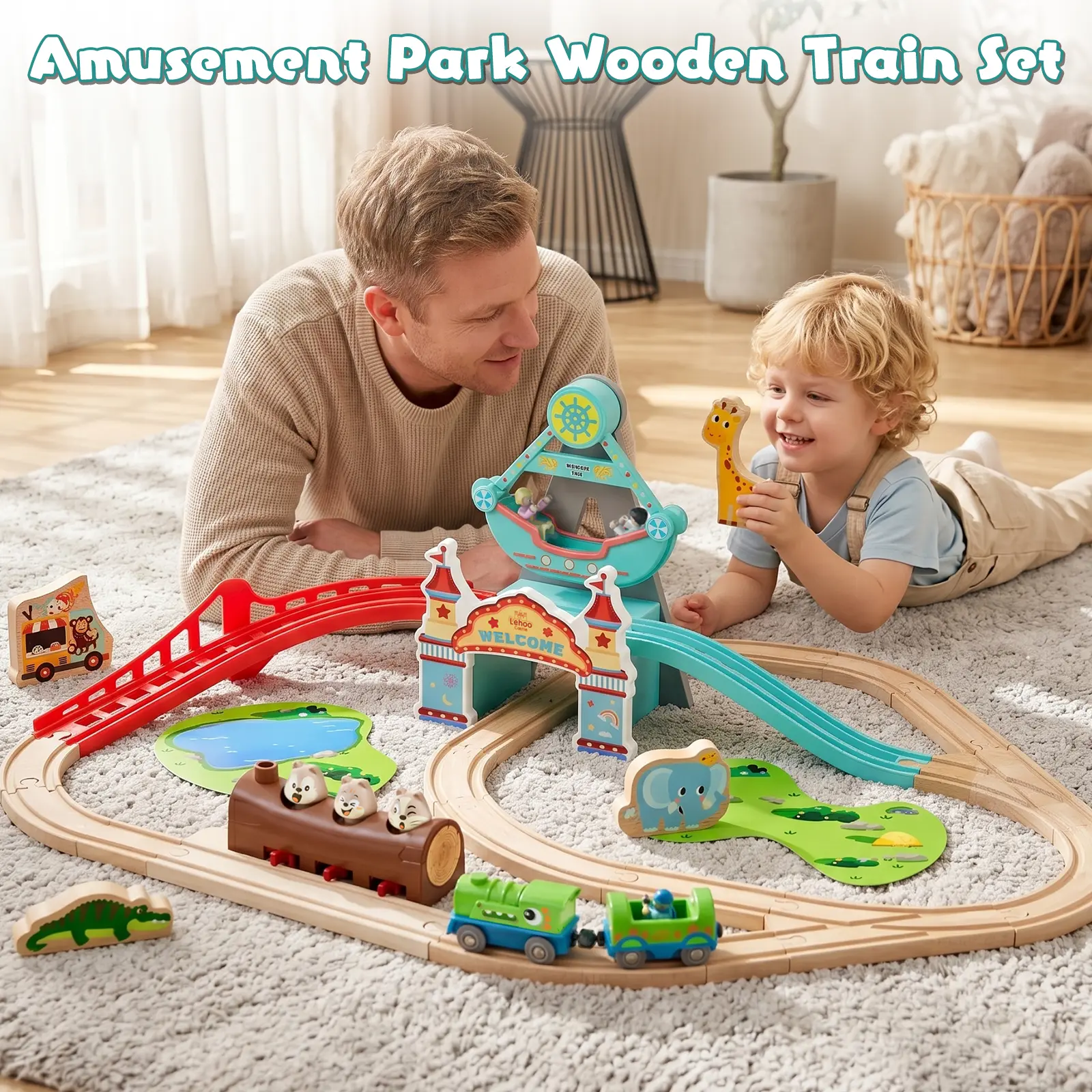 Lehoo Castle Amusement Park Wooden Train Set, Train Set for kids with Electric Train, Wooden Train Track for Kids with Tracks & Accessories, Montessori Toys for Boys & Girls, Birthday Halloween & Christmas gifts