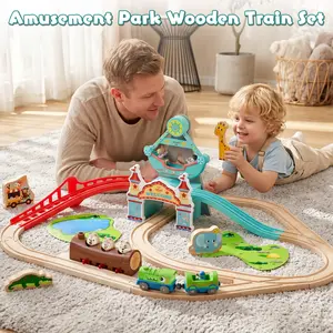 Lehoo Castle Amusement Park Wooden Train Set, Train Set for kids with Electric Train, Wooden Train Track for Kids with Tracks & Accessories, Montessori Toys for Boys & Girls, Birthday Halloween & Christmas gifts