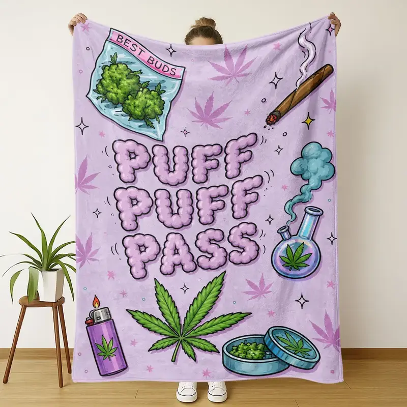 Puff Puff Pass Throw Blanket, Cannabis Leaf Flannel, Soft Cozy Stoner Decor, Ideal for Sofa Bed Couch, Perfect Gift, Multifunctional Blanket