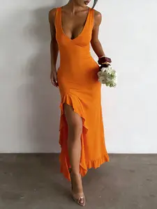 Women's V-Neck Ruffle Split Dress, Perfect for Valentine's Day, Dates, Parties, Travel, Vacation, All Seasons Fashion, Womenswear