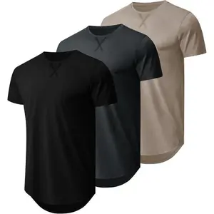 Mens 3 Pack Plain Cotton Shirts Short Sleeve Casual Crew Neck T-Shirts Hipster Hip Hop Longline Tees Drop Cut Curved Hem Gym Tops Workout Clothes Men's Compression Baggy Basic Long Sleeve Shirt - Beige, Tropical