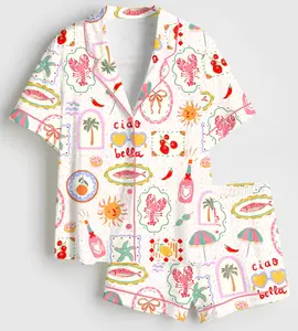 Women’s Summer In Italy Ciao Bella Short Sleeve Satin Pajama Set for Adult & Youth, Ciao Bella Italian Summer Short-Sleeve Pajamas, Cute Retro Mediterranean Graphic Short Sleepwear, Lobster Fish Lemon Lounge Wear, Summer Gift (no pocket)