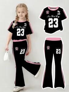 Teen Girls Casual Wear New York Series, Digital 23 Striped Pattern, Loose Fit Short Sleeve T-Shirt & Bell Bottoms, Casual Set, Summer Clothing Set, Summer Style