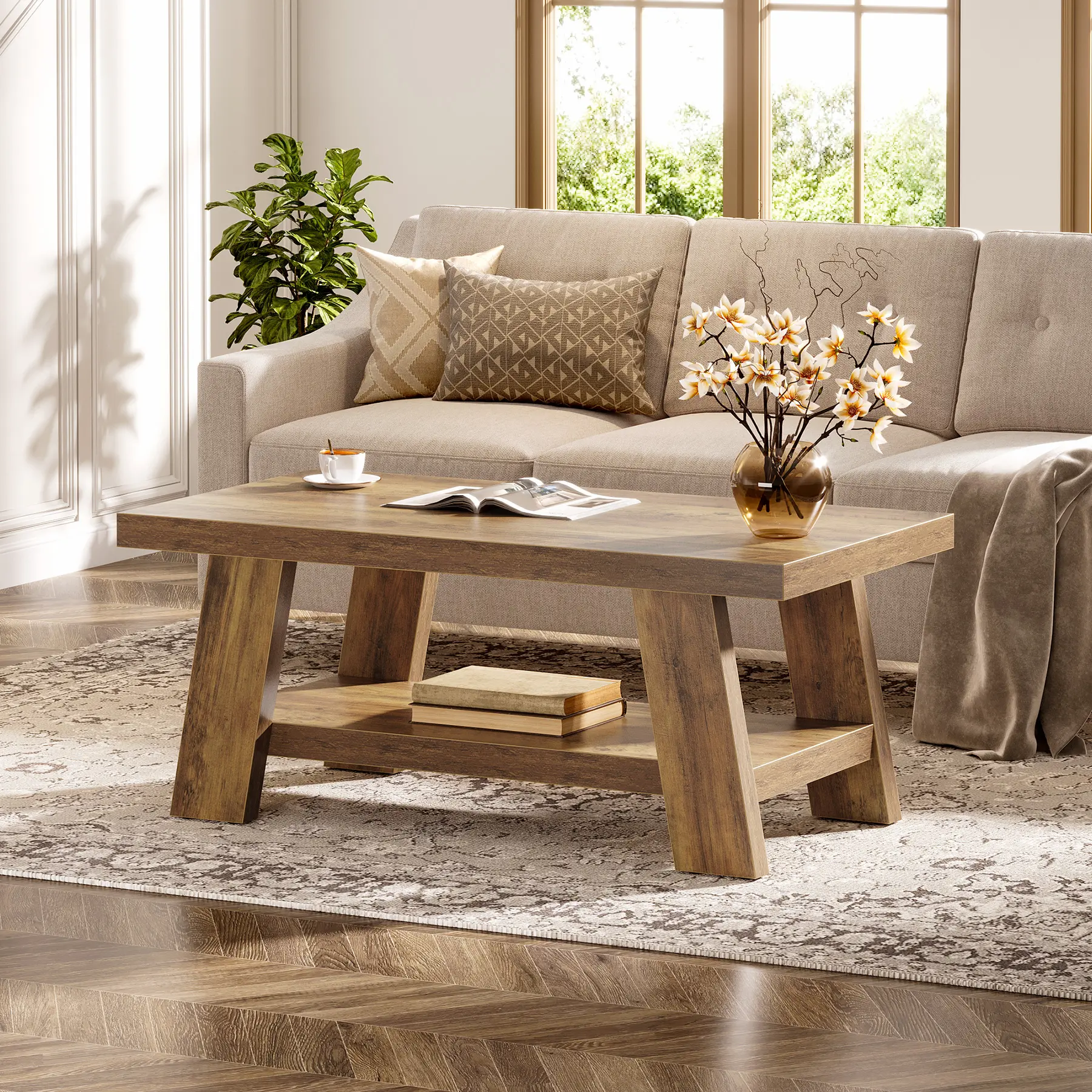 LITTLE TREE Farmhouse Coffee Table, Rustic Coffee Tables for Living Room, 47.24" Rectangular Wood Living Room Tables, 2-Tier Center Table with Storage for Apartment, Bedroom, Office