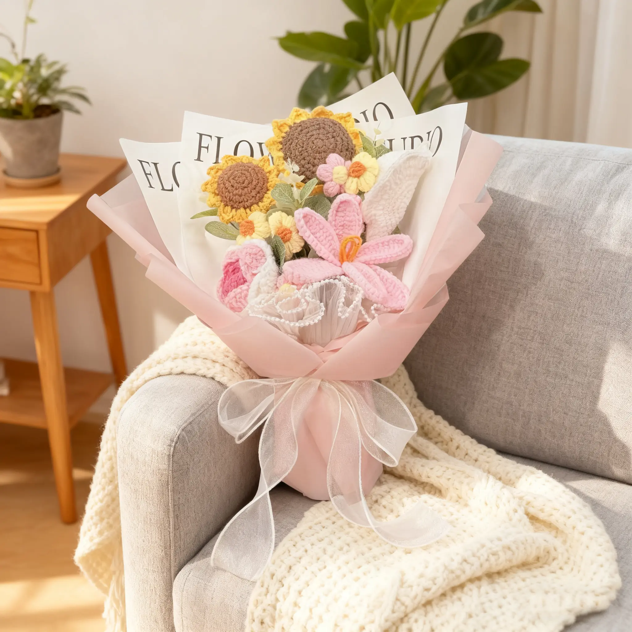 Handmade Cotton Knit Fabric Floral Bouquet - Pink, Blue, Purple Sunflowers Ornaments, Gift for Her with Included Card, Table/Wedding Home Decor (Boxed)