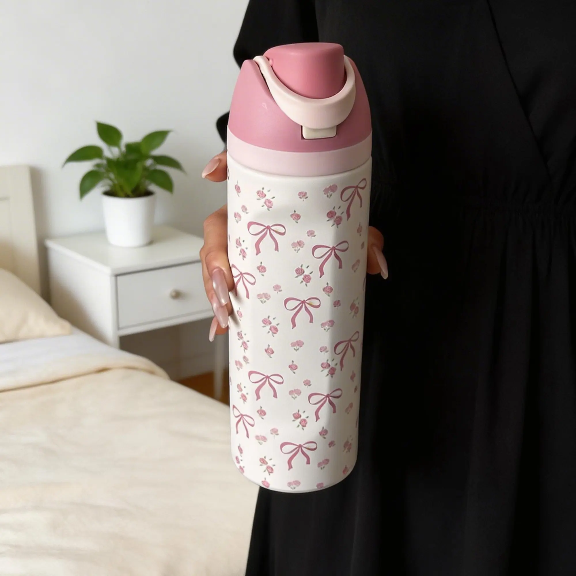 Rose Bowknot Stainless Steel Insulated Cup, Insulated Drink Cup, Vacuum Insulated Tumbler, Thermo Tumbler, 24oz/32oz/40oz, Cold Retention, Portable, Water Bottle, Thermal Bottle, Coffee Mug, Travel Cup, Flasks, Tumbler, Outdoor Sports, Gift