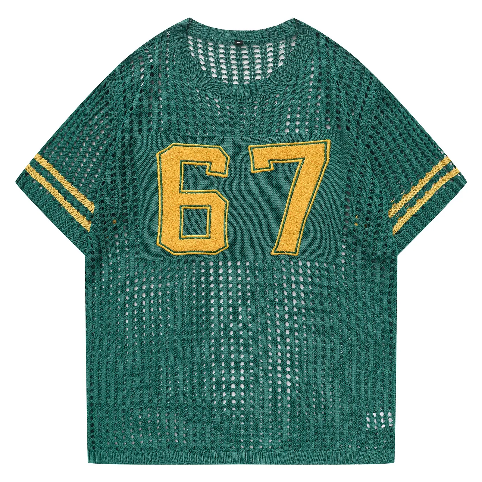 Men’s Openwork Knit T-Shirt — Vintage collegiate 67 jersey style, oversized short-sleeve mesh top with striped cuffs, breathable summer streetwear pullover