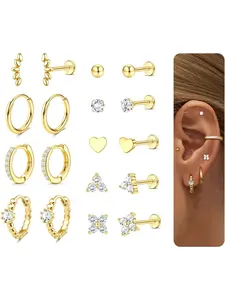Gold Plated Threadless Flat Back Earrings 16G 18G Cartilage Earring Set Stainless Steel Helix Earrings for Women Flatback Stud 9Pcs Hoop Cartilage Earring Set for Multiple Piercing