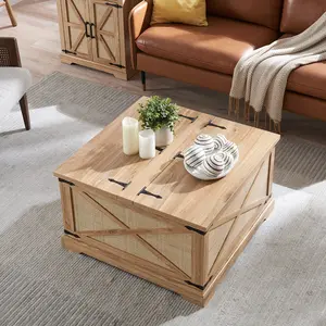 PieDle Farmhouse Square Coffee Table with Storage, Wood Center Table with Hinged Lift Top, Rustic Cocktail Table with Large Hidden Storage Compartment for Living Room, Bedroom