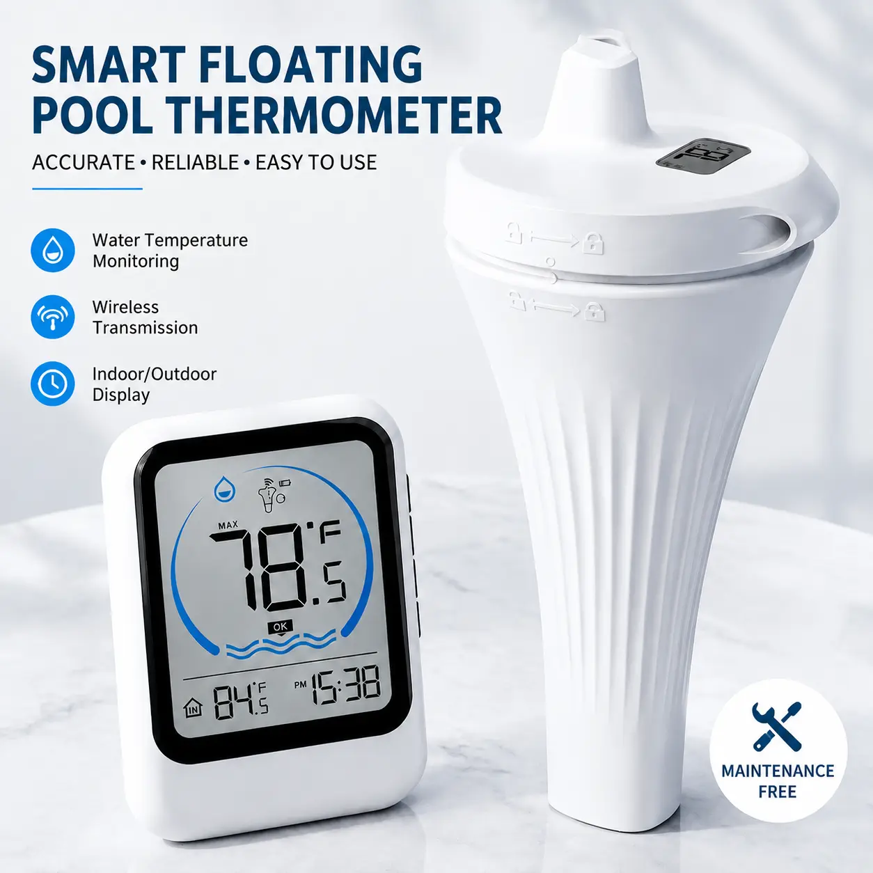 Wireless Pool Thermometer with Digital Remote Display - IP68 Waterproof Outdoor Pool Accessory, Floating Water Temperature Monitor for Hot Tub, Spa, Waterproof Pool Accessories