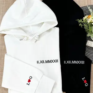 Embroidered Matching Couple Hoodies | Roman Numeral Sweatshirt Hoodie | Initial Heart on Sleeve