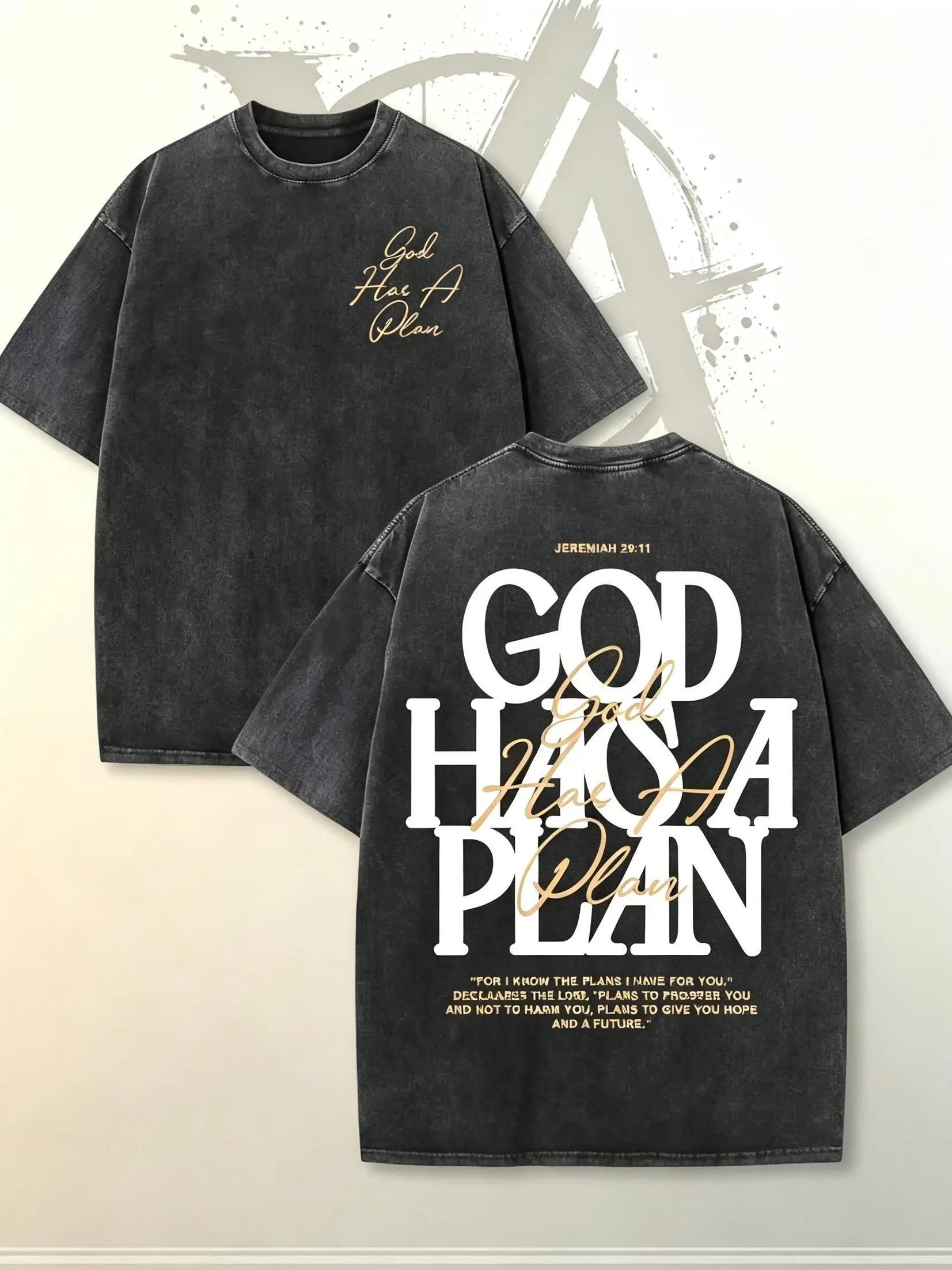 [AVT]Vintage Washed "God Has a Plan" Double-Sided Print Tee | 230gsm Heavyweight Christian Streetwear, Unisex Wide-Shoulder Fit, High-Quality Cotton Casual Top for Men & Women,trendy t-shirts,graphic streetwear t-shirt gift,funny symbol t-shirt,student