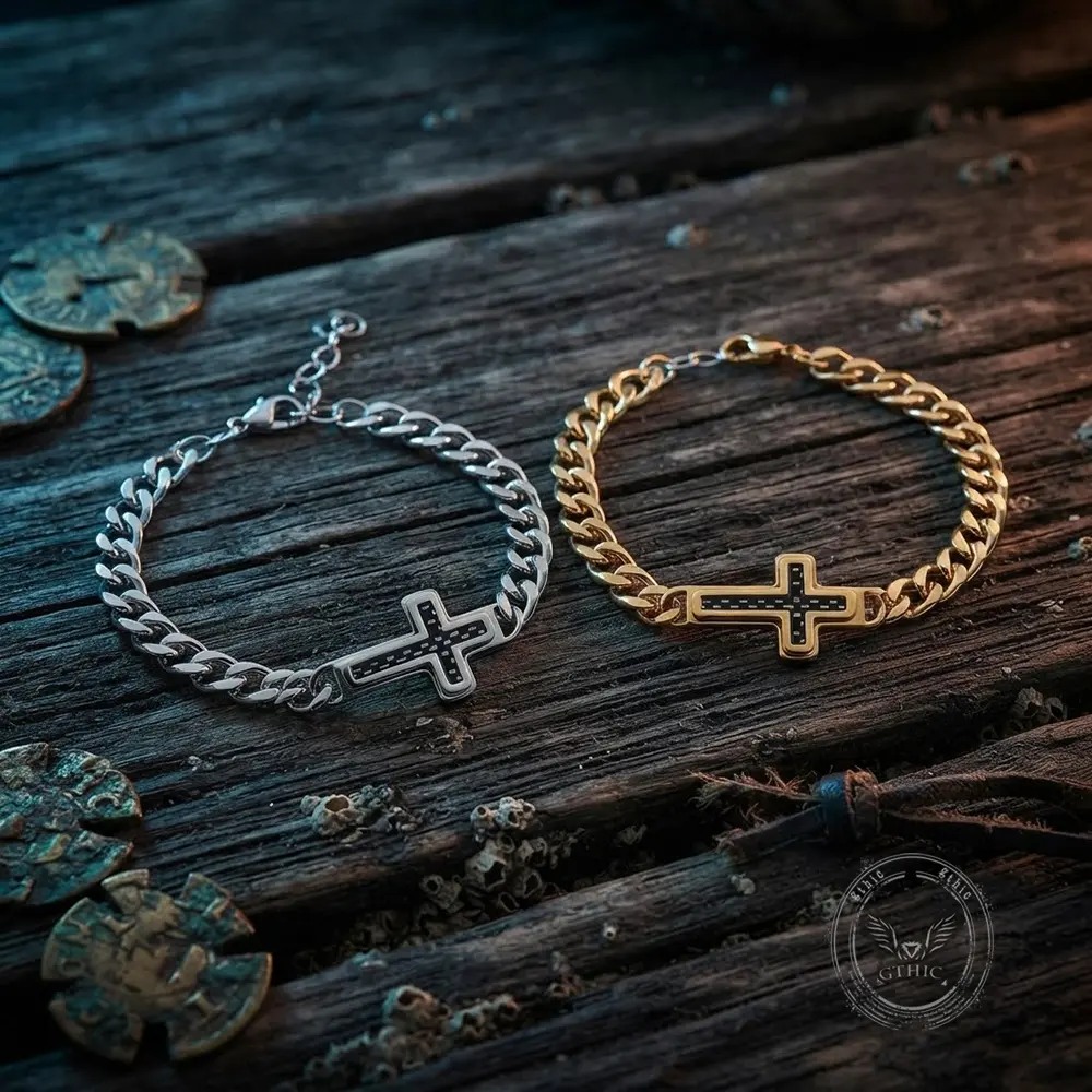 GTHIC 2cm Stainless Steel Cuban Link Bracelet - Cross Charm-Inlaid Unisex Artificial Gemstone Jewelry, Fashionable Style for Daily Wear, Hip Hop Party, Bracelets Accessories, Fashionable Bracelet Style