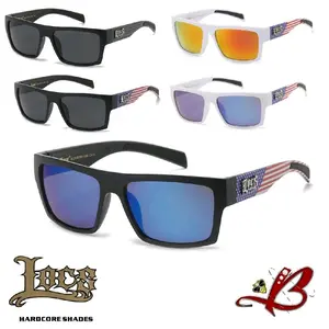 LOCS Independence Freedom Shades USA Flag Print Matte Black Hardcore Gangster Sunglasses with Colorful Mirrored Lenses Square Design Fiery Orange Cool Blue Durable Construction