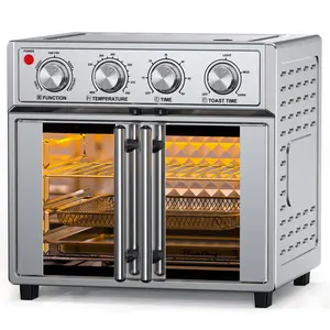 PlumChef 26QT Extra-Large French Double-Door Air Fryer Convection Toaster Oven, 1700W, 7 Preset Menus, 7-in-1 Multi-Function for Bake, Roast, Grilling,Toast,Dehydrate& Defrost, Stainless Steel,silvery Family-Size