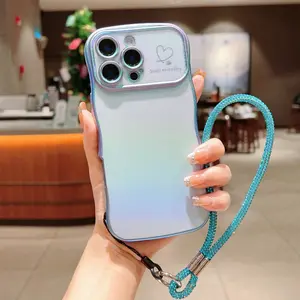 Silk Color Electroplated Dual Heart Wave Large Window Phone Case, Water Drill Lanyard, Rhinestone, Compatible with iPhone 17 Air Pro Max 13 14 15 16 E Plus